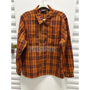 Pleasures Plaid Button Down Shirt Mens Large Orange Excellent Embroidered Logo‎